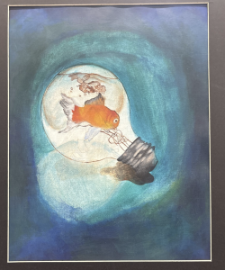 A goldfish swims inside a light bulb, surrounded by swirling blue and green hues, creating a dreamlike effect.