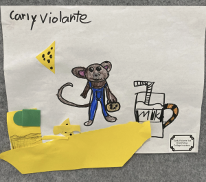 Child's artwork featuring a cartoon mouse in overalls holding a cookie, with cheese and a milk cup in the background.