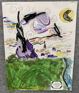 Colorful child’s collage featuring a purple figure, a village, and a bright moon in a vibrant landscape.