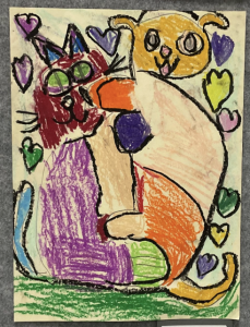 A colorful drawing of a cat and dog surrounded by hearts, depicting a playful and loving interaction.