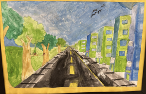 A colorful landscape depicting a road lined with trees and green buildings under a blue sky with birds.