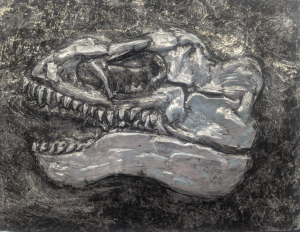 A textured, monochromatic depiction of a dinosaur skull, showcasing sharp teeth and intricate features.