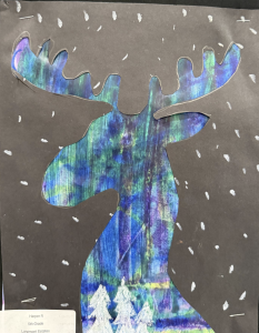 A colorful moose silhouette against a black background, surrounded by white snowflakes and small white trees.