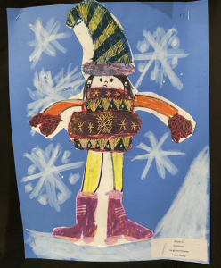 A colorful winter-themed drawing of a person in a festive outfit, surrounded by snowflakes on a blue background.