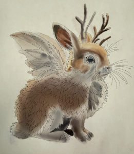 A whimsical creature with rabbit features, wings, and antlers, depicted in soft, earthy tones.