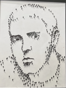 A portrait created from numerous small black figures, forming a face with intricate details and shadows.