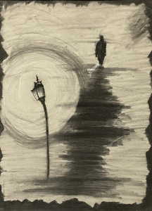 A shadowy figure stands near a lamppost under a large, swirling moon in a monochrome landscape.