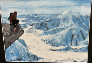A climber in a red jacket sits on a rocky ledge, overlooking a vast, icy mountain landscape.