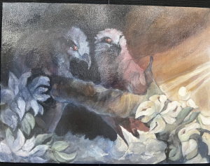 Two stylized birds with red eyes perched on a branch surrounded by white flowers, under a warm, glowing background.