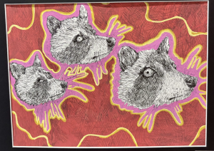 Illustration of three wolf heads on a vibrant red and pink background with dynamic shapes.