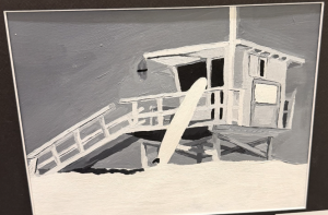 A monochromatic painting of a lifeguard tower with a surfboard on the beach, set against a gray background.