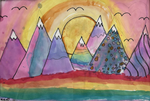 Colorful abstract landscape featuring mountains, a sun, and a rainbow, with whimsical clouds and artistic details.