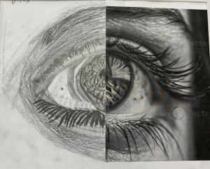 Split image of an eye, left side in rough pencil sketch and right side in detailed grayscale realism.