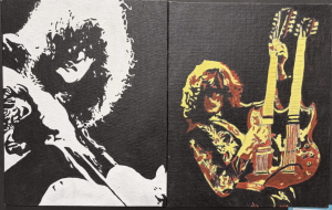 Two artistic portraits of a musician: one in black and white, the other in vibrant colors, showcasing a guitar.