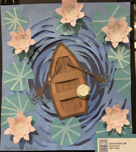 A paper collage depicting a boat surrounded by lily pads and pink water lilies on a blue water background.