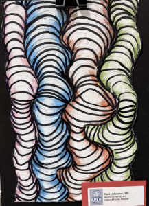 Colorful abstract art featuring swirling shapes in blue, pink, green, and orange, outlined in black on a dark background.