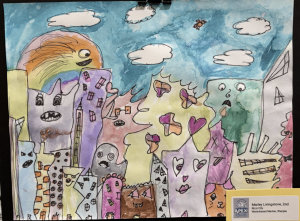 Colorful children's artwork depicting a whimsical cityscape with imaginative buildings and playful characters.