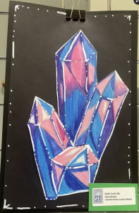 A colorful drawing of crystal formations in shades of blue and pink, displayed on a black background with a label.