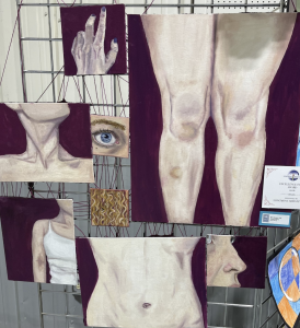 A display of various paintings depicting human body parts, including hands, legs, and facial features, on a grid.