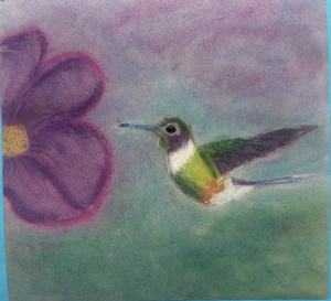 A colorful pastel drawing of a hummingbird beside a large purple flower against a soft, blended background.