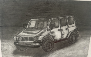 A pencil drawing of a Jeep Rubicon with four doors, set against a dark background.