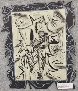 A mixed media artwork titled "Spooky Selfie," featuring abstract, jagged lines and a ghostly figure in the center.