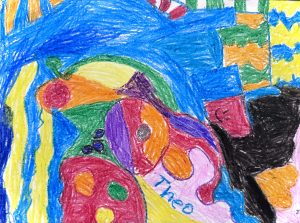 Colorful abstract drawing featuring swirls of blue, orange, green, and red, with the name "Theo" included.
