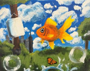 A vibrant painting featuring a goldfish, a butterfly, and a tree against a blue sky with clouds and city skyline.