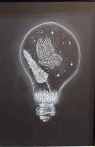 A light bulb illustration featuring a butterfly and stars, drawn in white on a black background.