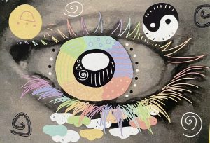 A colorful, artistic eye with patterns and symbols, surrounded by whimsical shapes and designs on a grayscale background.
