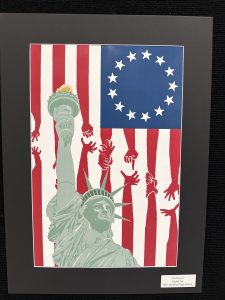 Artwork featuring the Statue of Liberty against a backdrop of red and white stripes, with hands reaching out and a blue field with stars.