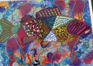 Colorful abstract painting of a fish with various patterns and vibrant background of blues, reds, and greens.