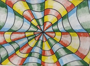 Colorful spiral pattern with curved segments in red, green, yellow, and blue, creating a 3D illusion effect.