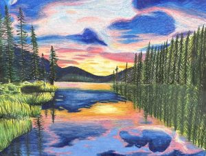 A serene landscape featuring a lake at sunset, surrounded by trees and mountains, with colorful reflections on the water.