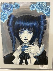 A portrait of a person with dark hair and blue highlights, holding a blue flower, surrounded by blue roses.