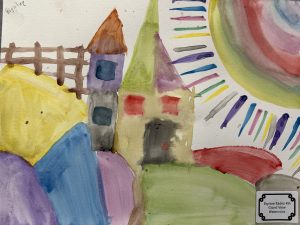 Colorful watercolor painting featuring a whimsical house, hills, and a vibrant sun with rays.