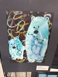 Two whimsical bears painted in blue watercolor, set against a colorful, abstract background with gold accents.