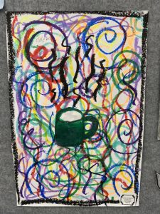 Colorful abstract drawing featuring a green mug amidst swirling lines and shapes, signed by the artist, Caleb.
