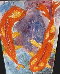 Colorful artwork featuring two orange koi fish against a purple and blue background.