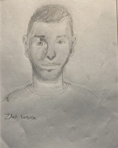 Pencil sketch of a young man with short hair and earrings, labeled "Zach Barbosa" at the bottom.