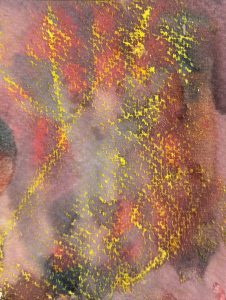 Abstract watercolor artwork featuring vibrant yellow, red, and dark gray hues blended together.