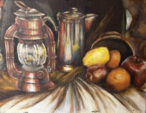 A still life featuring a vintage lantern, a silver coffee pot, and a variety of fruits on a textured surface.