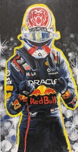 A painted portrait of a race car driver in a black suit with Red Bull and Oracle logos, posing confidently.