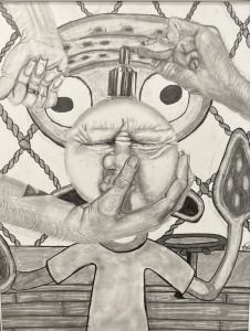 A cartoon character with large eyes is being held by multiple hands, with one hand applying a tool to its head.