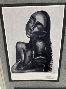 A monochromatic acrylic painting of a serene figure embracing themselves, showcasing emotional depth and introspection.