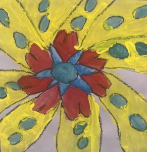 A colorful painting featuring a large red flower with a blue center, set against a bright yellow background.
