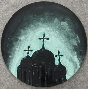 Silhouette of three domes with crosses against a gradient teal and black background.