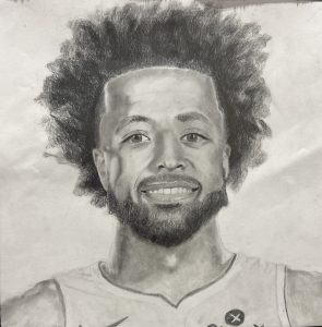 Pencil drawing of a smiling man with curly hair and a beard, wearing a sports jersey. Background is plain.