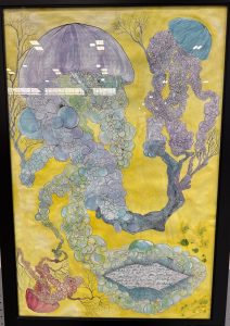 Colorful illustration of jellyfish and bubbles against a yellow background, featuring abstract shapes and text.