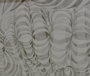 Abstract drawing featuring swirling, striped patterns in shades of gray, creating a sense of movement and depth.
